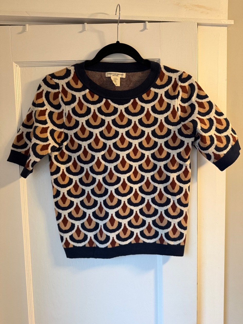Christian Siriano Navy, Cream & Brown Scallop Knit Top